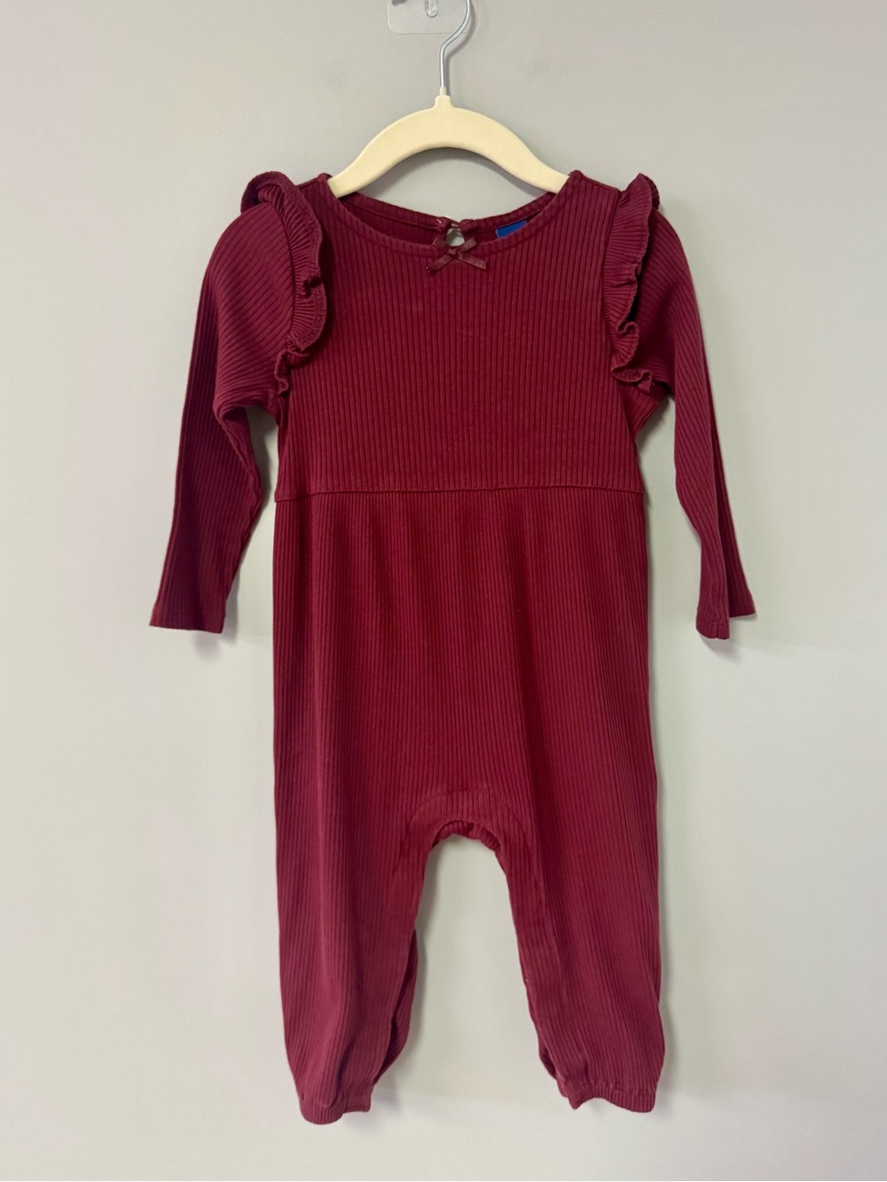 Old Navy Burgundy Ribbed Long-Sleeve Romper with Ruffle Shoulders